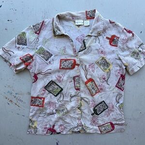 Women's Vintage Erika Shirt Multicolor Postcard S TIKI Tropical Art Beach Light